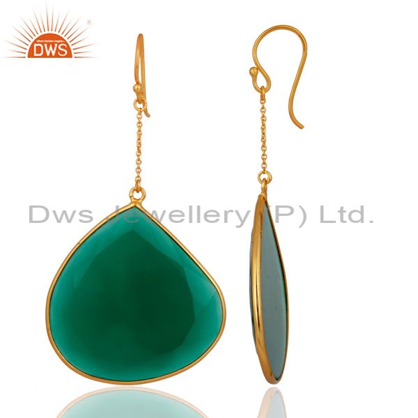 Exporter 18K Yellow Gold Plated Sterling Silver Green Onyx Gemstone Bezel Dangle Earrings