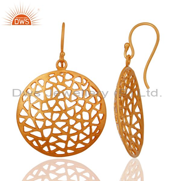 Exporter 22K Yellow Gold Plated Sterling Silver Filigree Disc Design Dangle Earrings