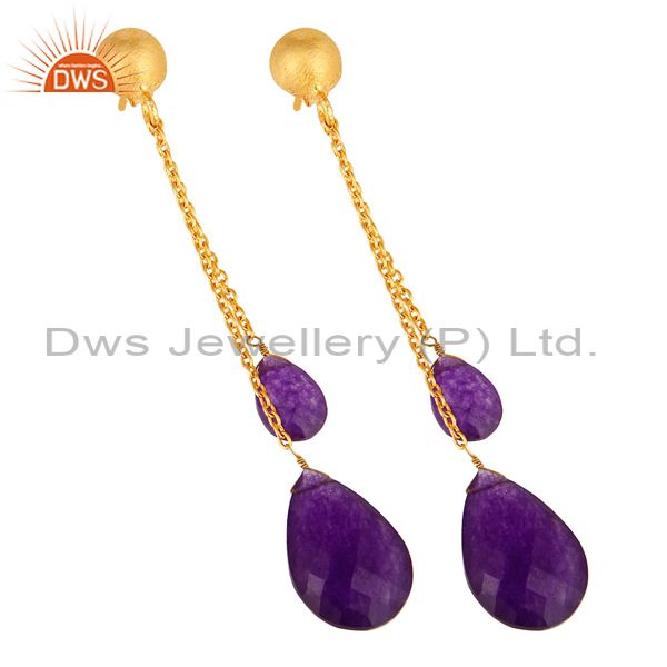 Exporter 18K Yellow Gold Plated Silver Purple Chalcedony Chain Drop Dangle Earrings