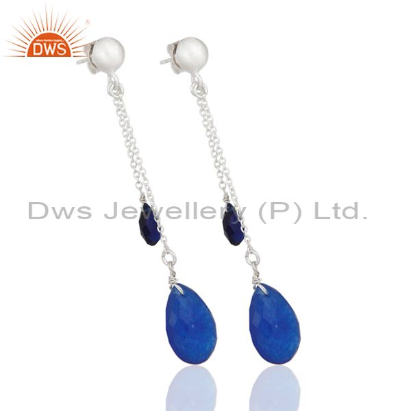 Exporter Dyed Sapphire Blue Corundum Solid Sterling Silver Drop Dangle Earrings