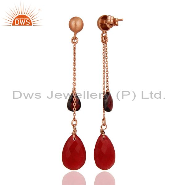 Exporter 18K Rose Gold Plated Silver Garnet And Red Aventurine Chain Dangle Earrings
