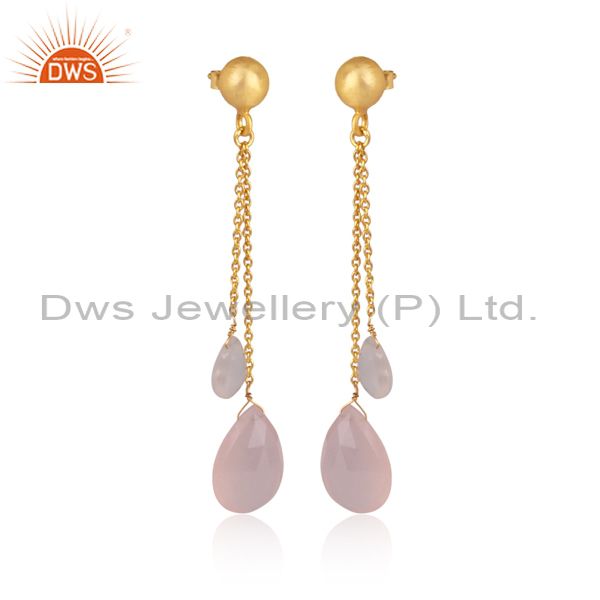 Exporter 18K Gold Plated Sterling Silver Rose Chalcedony Briolette Chain Dangle Earrings