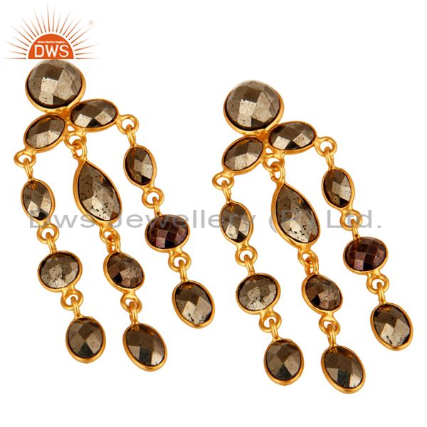 Exporter Bezel Set Pyrite Gemstone Chandelier Earrings In 18K GOld Over Sterling Silver