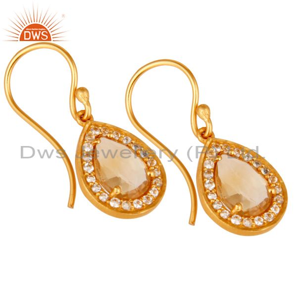 Exporter Citrine And White Topaz Teardrop Earrings Made In 18K Gold Over 925 Silver