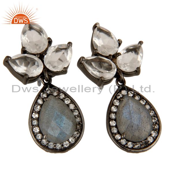 Exporter Labradorite And Crystal Quartz Gemstone Rhodium Plated Sterling Silver Earrings