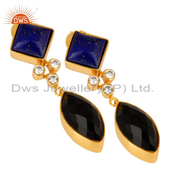 Exporter 18K Gold Plated Black Onyx And Lapis Lazuli Gemstone Dangle Earrings With CZ