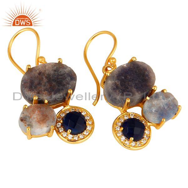 Exporter 18K Gold Over Sterling Silver Rough Blue Sapphire & CZ Designer Dangle Earrings