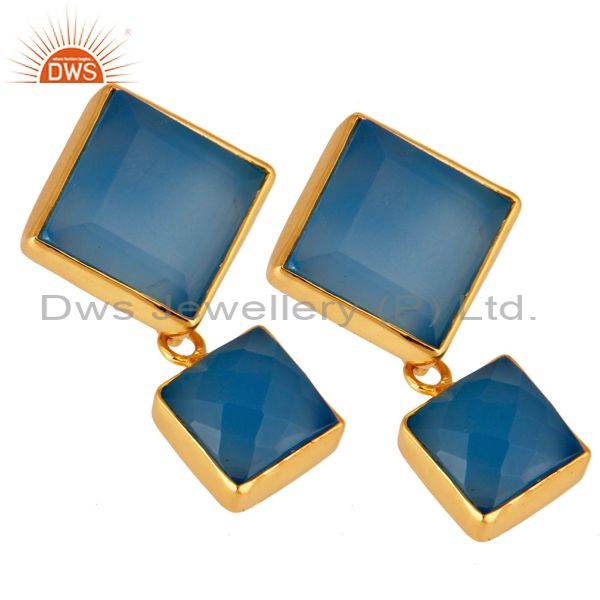 Exporter Handmade Aqua Blue Chalcedony Bezel Set Earrings Made In 18K Gold Over Brass