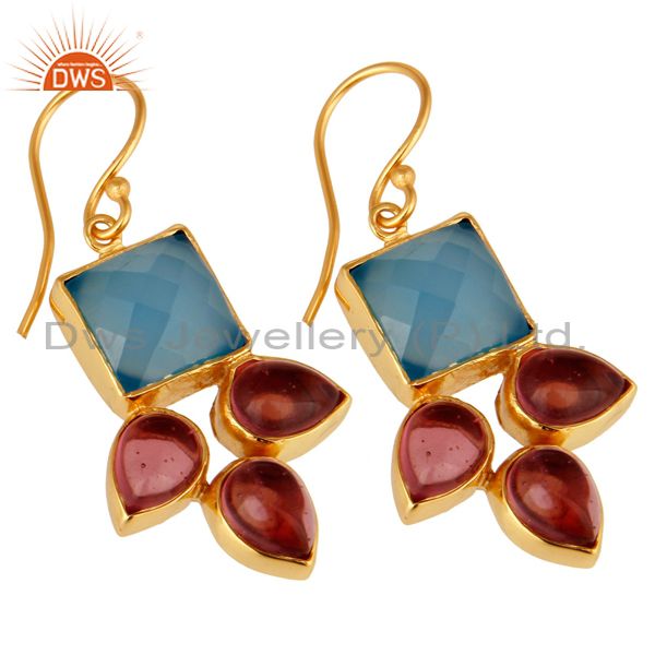 Exporter Handmade Aqua Blue Chalcedony And Pink Glass Earrings With Gold Plated
