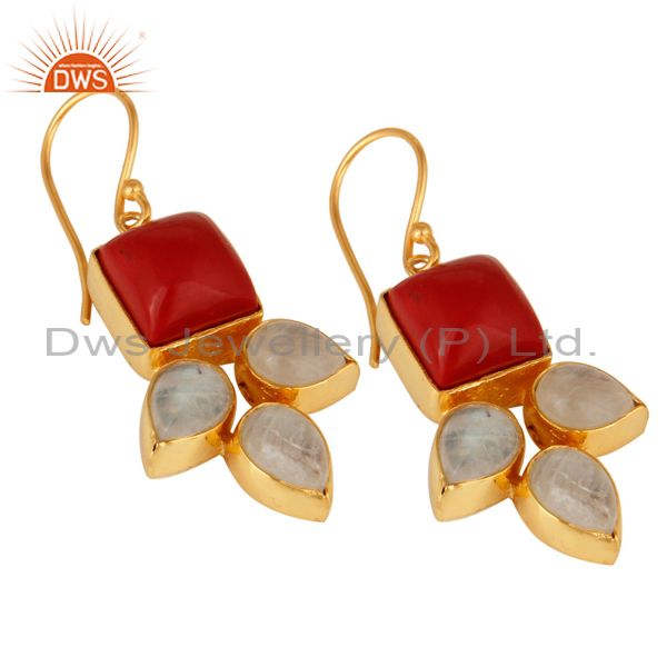 Exporter Natural Rainbow Moonstone And Coral Gemstone Earrings Made In 18K Gold On Brass