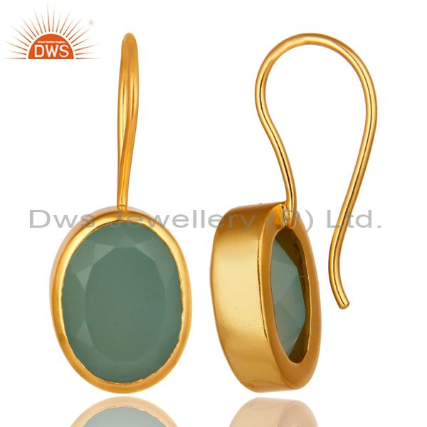 Exporter Dyed Aqua Blue Chalcedony Gemstone Earrings In 18K Yellow Gold Over Brass