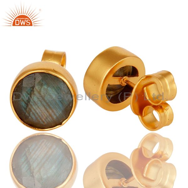 Exporter 14K Yellow Gold Plated Brass Labradorite Gemstone Stud Earrings