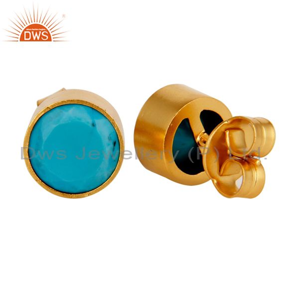 Exporter 18K Yellow Gold Plated Brass Bezel Set Turquoise Stud Earrings For Womens