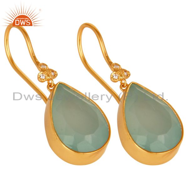 Exporter 14K Yellow Gold Plated Brass Aqua Blue Chalcedony Gemstone & CZ Dangle Earrings
