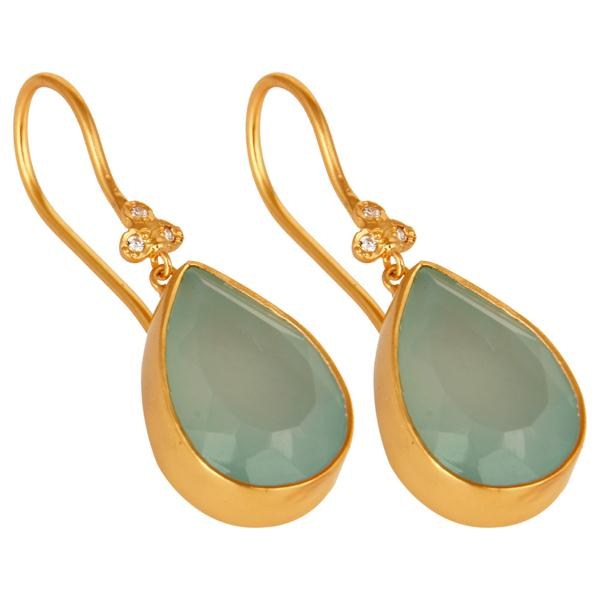 Wholesalers 14K Yellow Gold Plated Brass Aqua Blue Chalcedony Gemstone & CZ Dangle Earrings