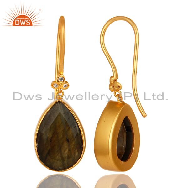 Exporter 18K Yellow Gold Plated Brass Natural Labradorite Gemstone Earrings With CZ