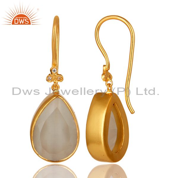 Exporter 18K Yellow Gold Plated Brass White Moonstone Bezel Set Drop Earrings