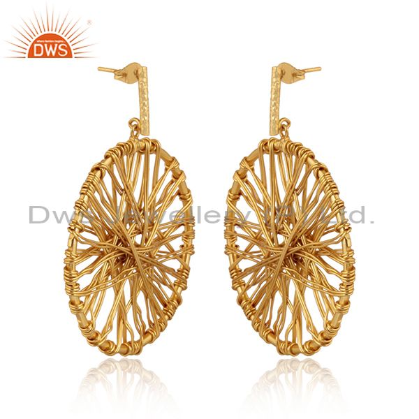 Exporter 14K Yellow Gold Plated Lace Weave Disc Design Ciracle Dangle Earrings