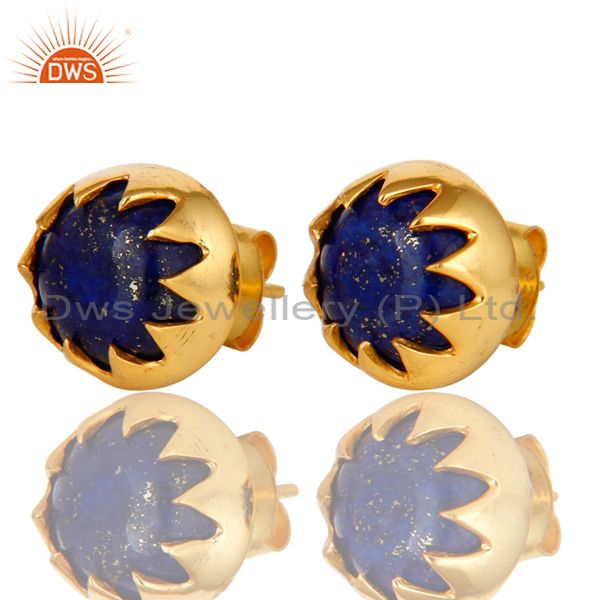 Exporter 18K Yellow Gold Plated Sterling Silver Lapis Lazuli Gemstone Stud Earrings