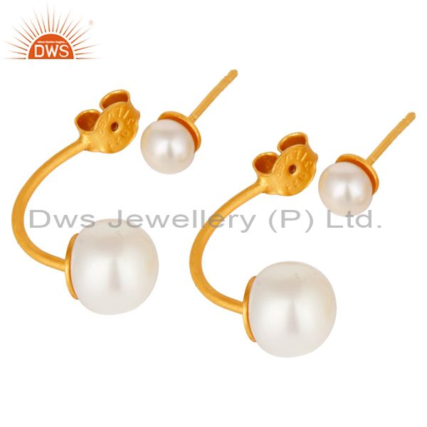 Exporter 24K Yellow Gold Plated Sterling Silver Natural Pearl Designer Post Stud Earrings