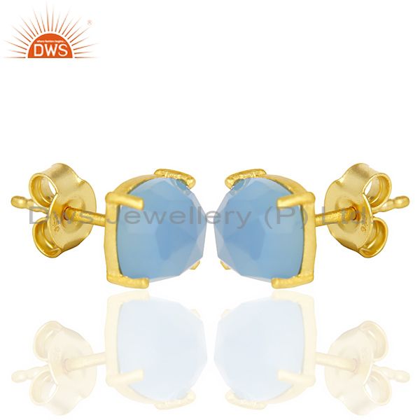 Exporter 14k Yellow Gold Plated 925 Sterling Silver Blue Chalcedony Gemstone Earring