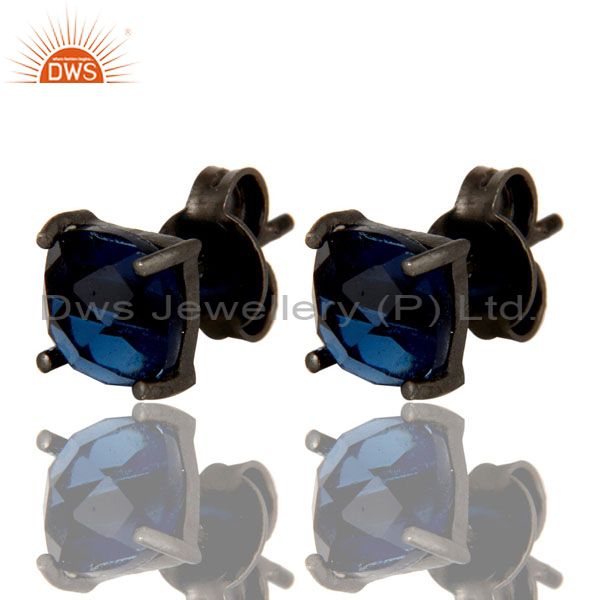 Exporter Oxidized Sterling Silver Faceted Blue Corundum Prong Set Womens Stud Earrings