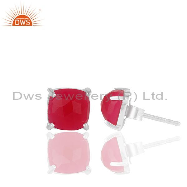 Exporter Pink Chalcedony Gemstone 925 Sterling Silver Girls Stud Earrings