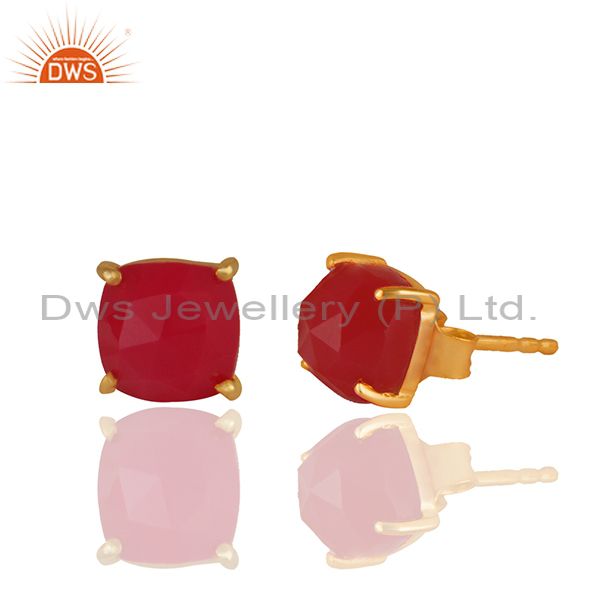 Exporter Pink Chalcedony Gemstone 925 Silver Gold Plated Stud Earring Wholesale