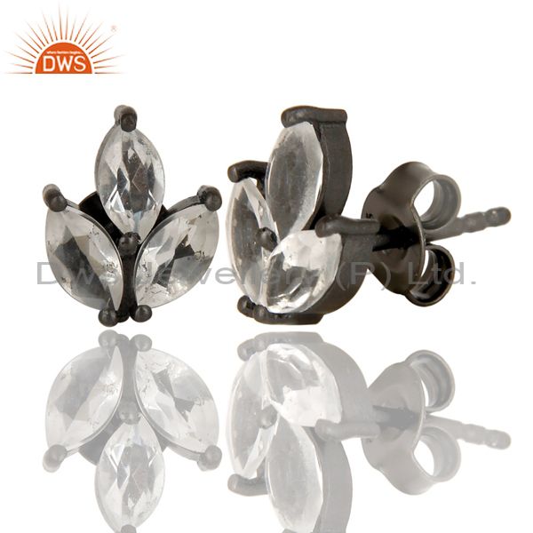 Exporter Black Oxidized 925 Sterling Silver Crystal Quartz Prong Set Studs Earrings