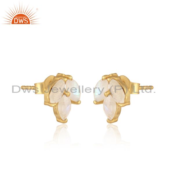 Exporter Handmade Gold Plated 925 Silver Rainbow Moonstone Stud Earring Jewelry