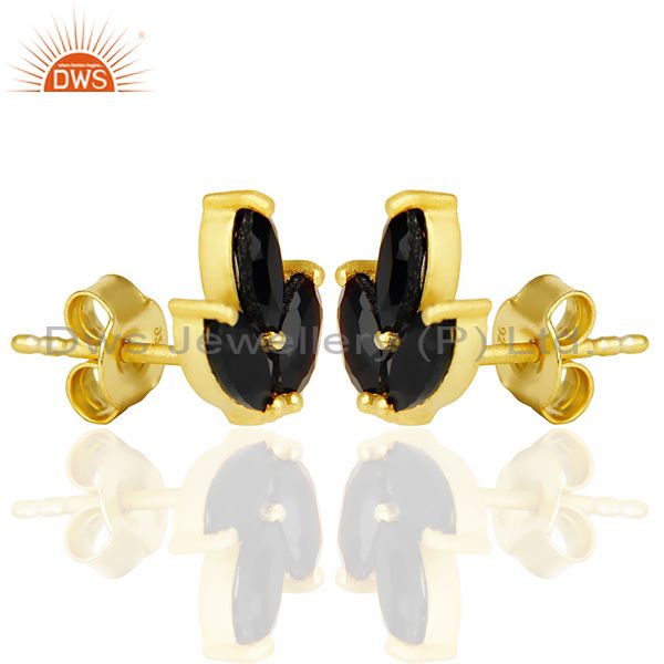 Exporter Black Onyx Tiny Flower Stud Earring In 14 K Gold Plated Sterling Silver