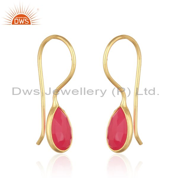 Bezel set yellow gold on silver drop earring with pink chalcedony