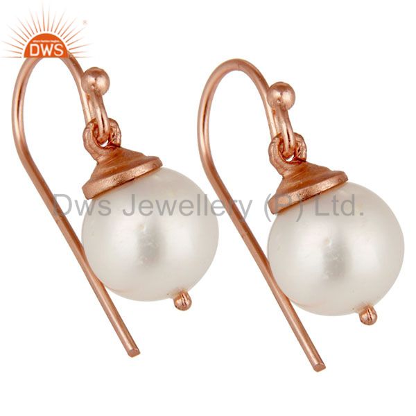 Exporter 18K Rose Gold Plated Sterling Silver Pearl Dangle Hook Earrings For Womens