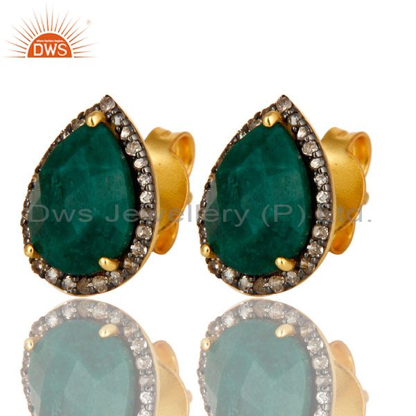Exporter 18K Yellow Gold Pave Diamond And Emerald Sterling Silver Drop Stud Earrings