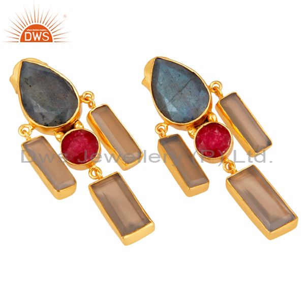 Exporter Natural Red Aventurine Labradorite and Chalcedony Gold Plated Dangler Earring