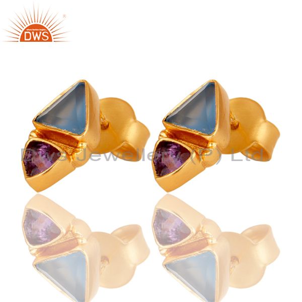 Exporter 18K Gold Plated Amethys and Blue Chalcedony Stud Earring