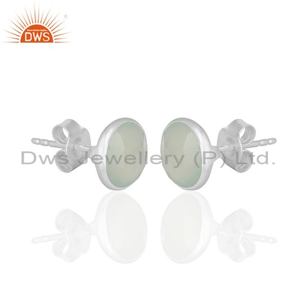 Exporter Round Aqua Chalcedony Gemstone 925 Silver Stud Earrings Manufacturer
