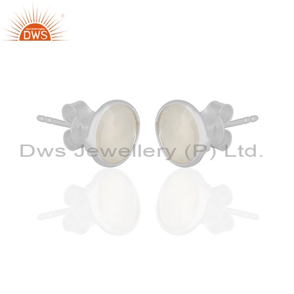 Exporter White Chalcedony Gemstone Round Silver Stud Earrings Jewelry Wholesale