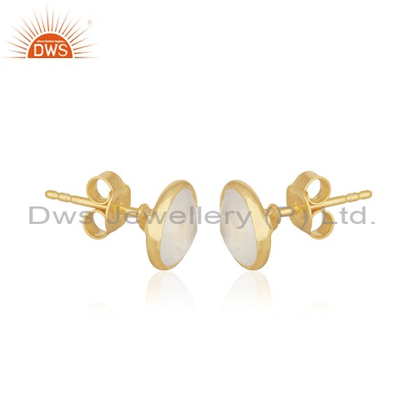 Exporter 18K Yellow Gold Plated Sterling Silver White Chalcedony Gemstone Stud Earrings