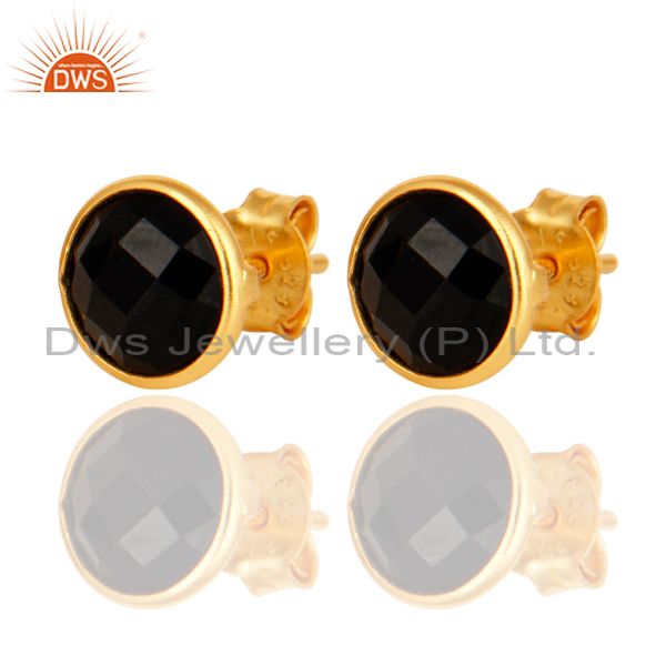 Wholesalers Faceted Black Onyx Gemstone Sterling Silver Round Stud Earrings - Gold Plated