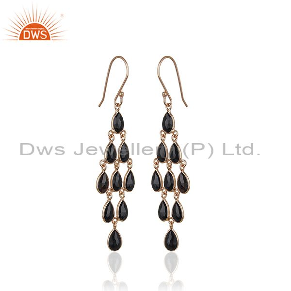 Exporter Rose Gold Plated 925 Silver Black Onyx Gemstone Dangle Earrings Manufacturer
