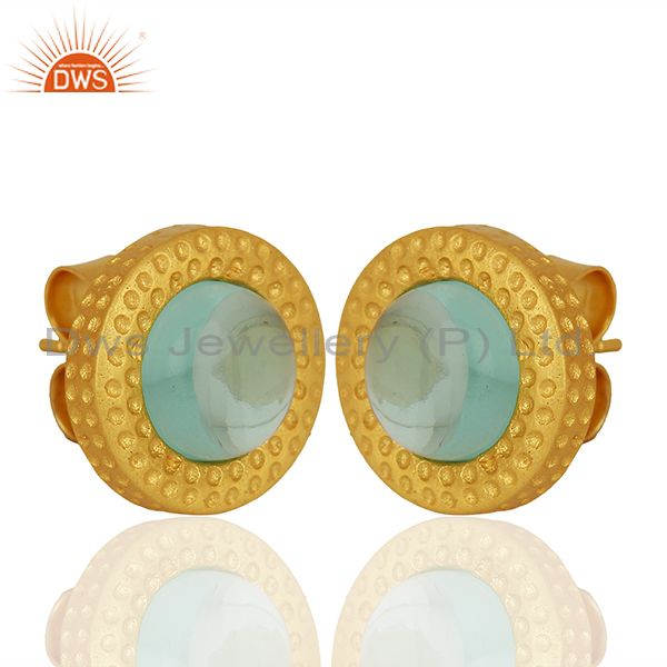 Exporter Hydro Blue Topaz Gemstone Gold Plated Brass Fashion Stud Earrings