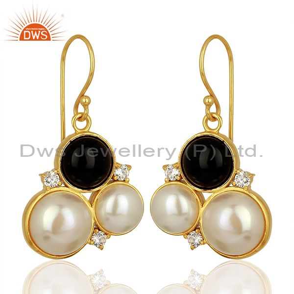 Exporter Natural Pearl and Black Onyx Gemstone Bras Earrings Jewelry Supplier