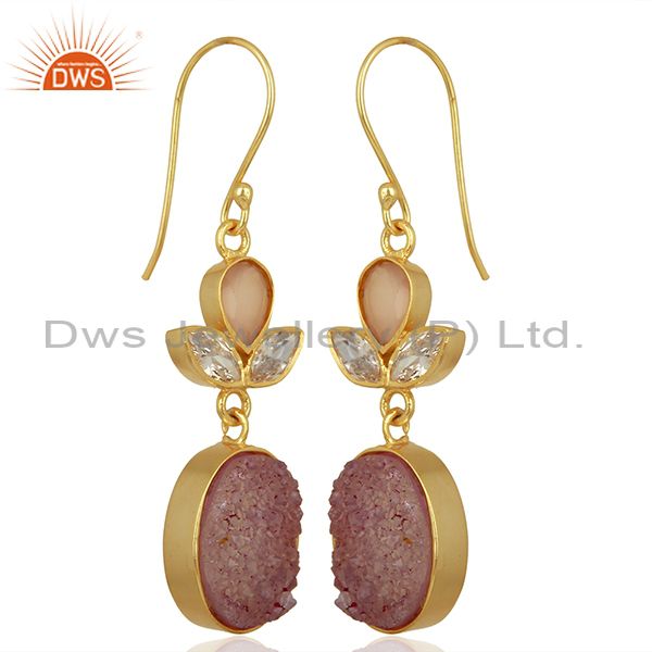 Exporter CZ and Pink Druzy Gemstone Gold Plated Fashion Designer Earrings