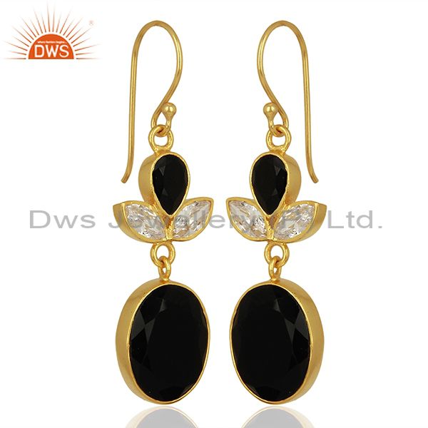 Exporter CZ and Black Onyx Gemstone Gold Plated Fashion Girl Earrings Supplier