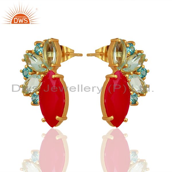 Exporter Pink Chalcedony Gemstone Brass Fashion Stud Earrings Jewelry Supplier