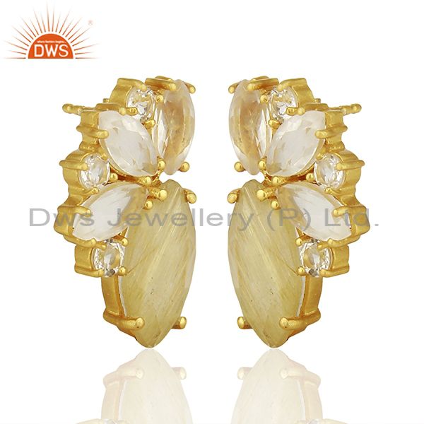 Exporter Golden Rutile Gemstone 925 Silver Fashion Stud Earrings Jewelry