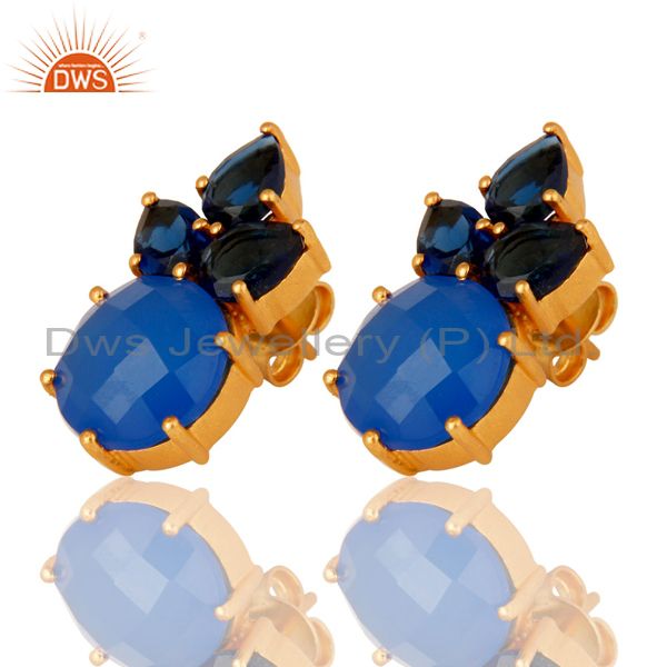 Wholesalers 18K Yellow Gold Plated Sterling Silver Blue Chalcedony Corundum Stud Earrings