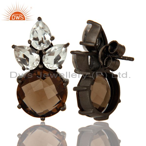Suppliers Rhodium Plated Sterling Silver Crystal Quartz And Smoky Quartz Post Stud Earring