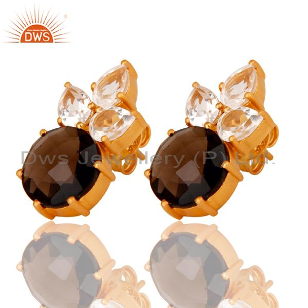 Wholesalers Gold Plated Sterling Silver Crystal Quartz And Smoky Quartz Post Stud Earring